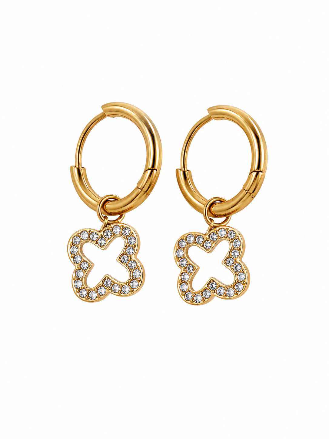 Boucles d’oreilles Flora dorées à pendentif fleur serti — Saeya Jewels