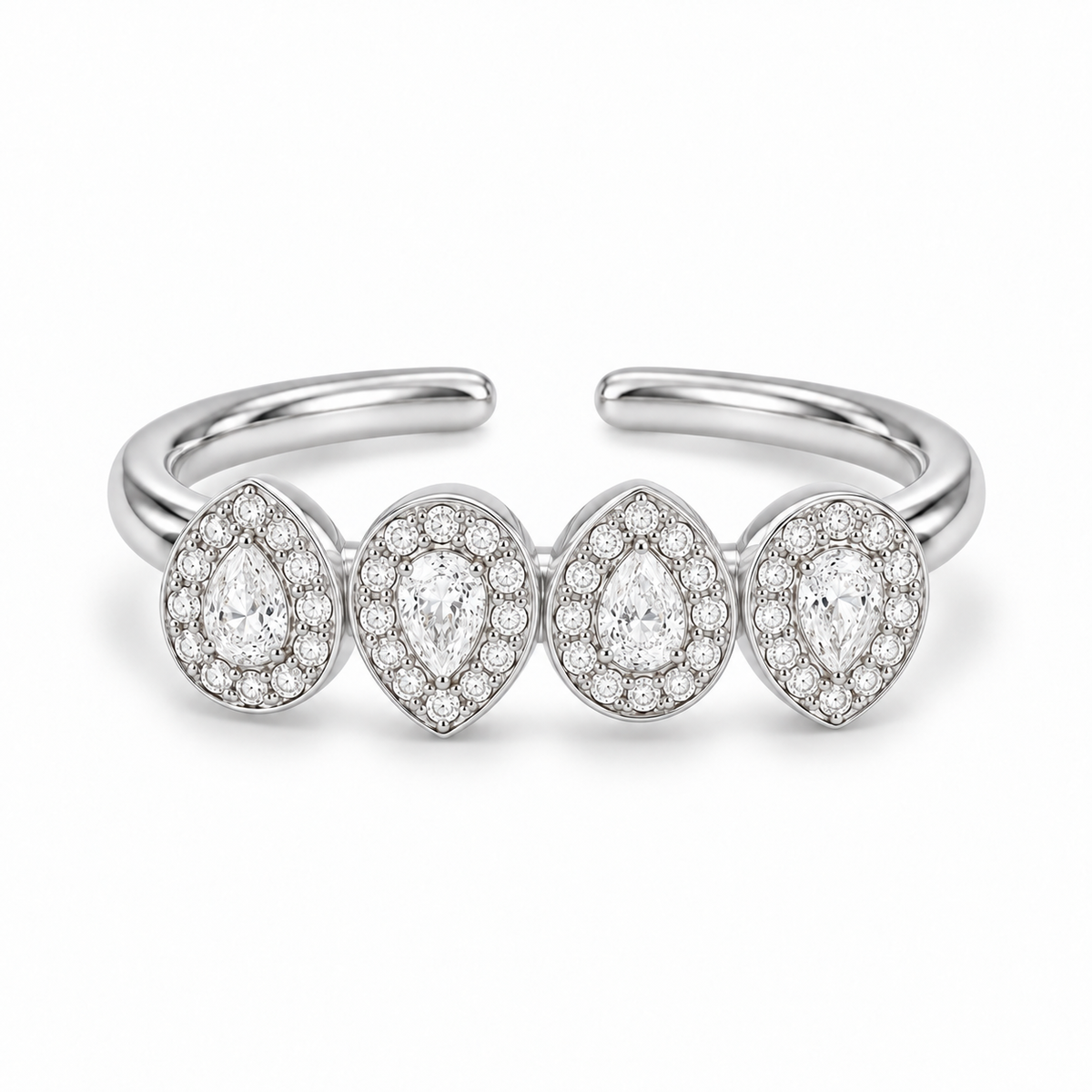 Bague Alma argentée de face, quatre gouttes alignées