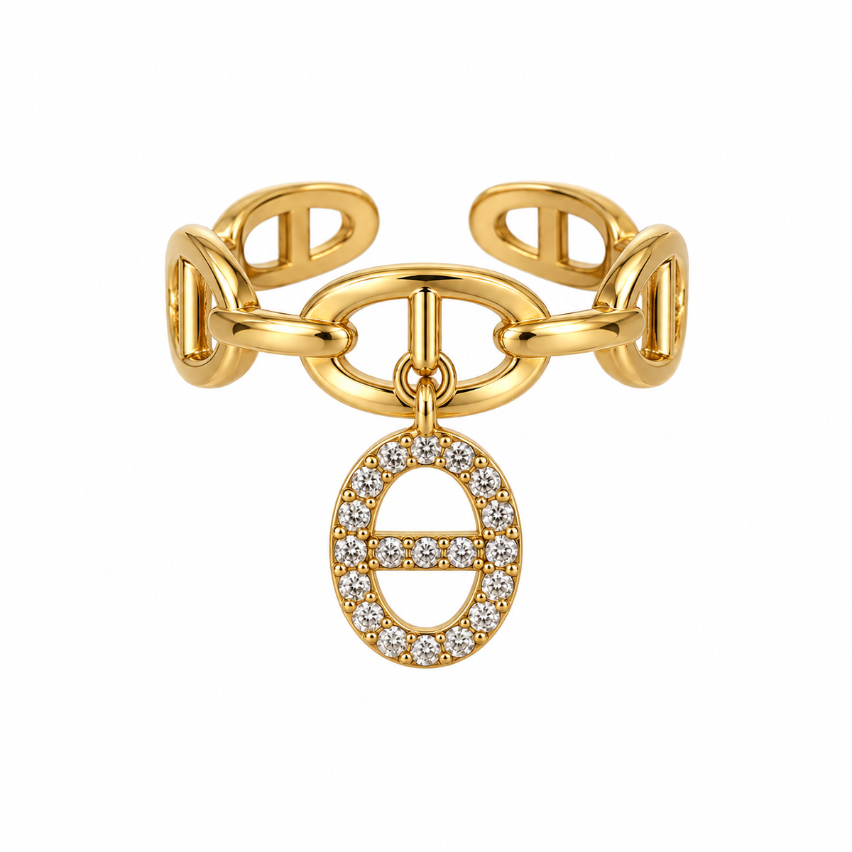 Bague Lia dorée à maillons ovales et pendentif scintillant sur fond blanc