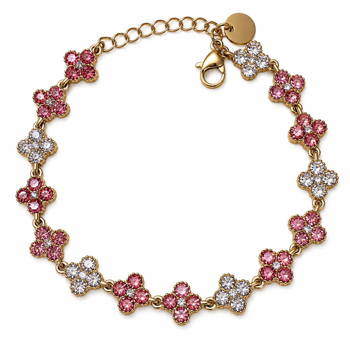 Bracelet Inaya doré avec pierres roses et transparentes sur fond blanc