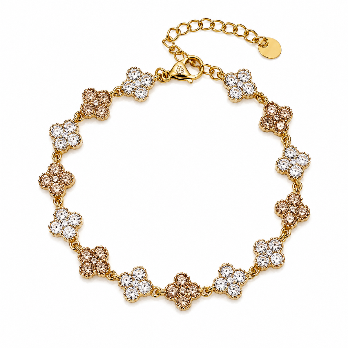 Bracelet Inaya doré avec pierres champagne et transparentes sur fond blanc