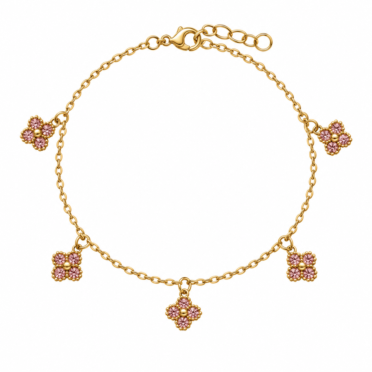 Bracelet Nina rose — cinq fleurs roses sur fond blanc