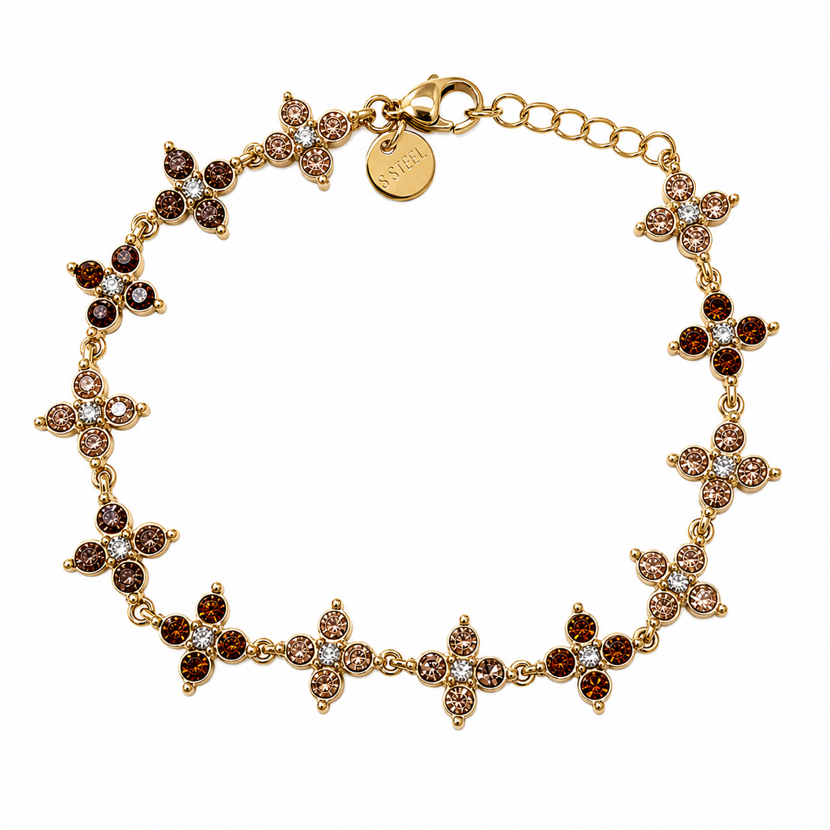 Bracelet Séfora doré avec pierres ambrées, champagne et transparentes sur fond blanc