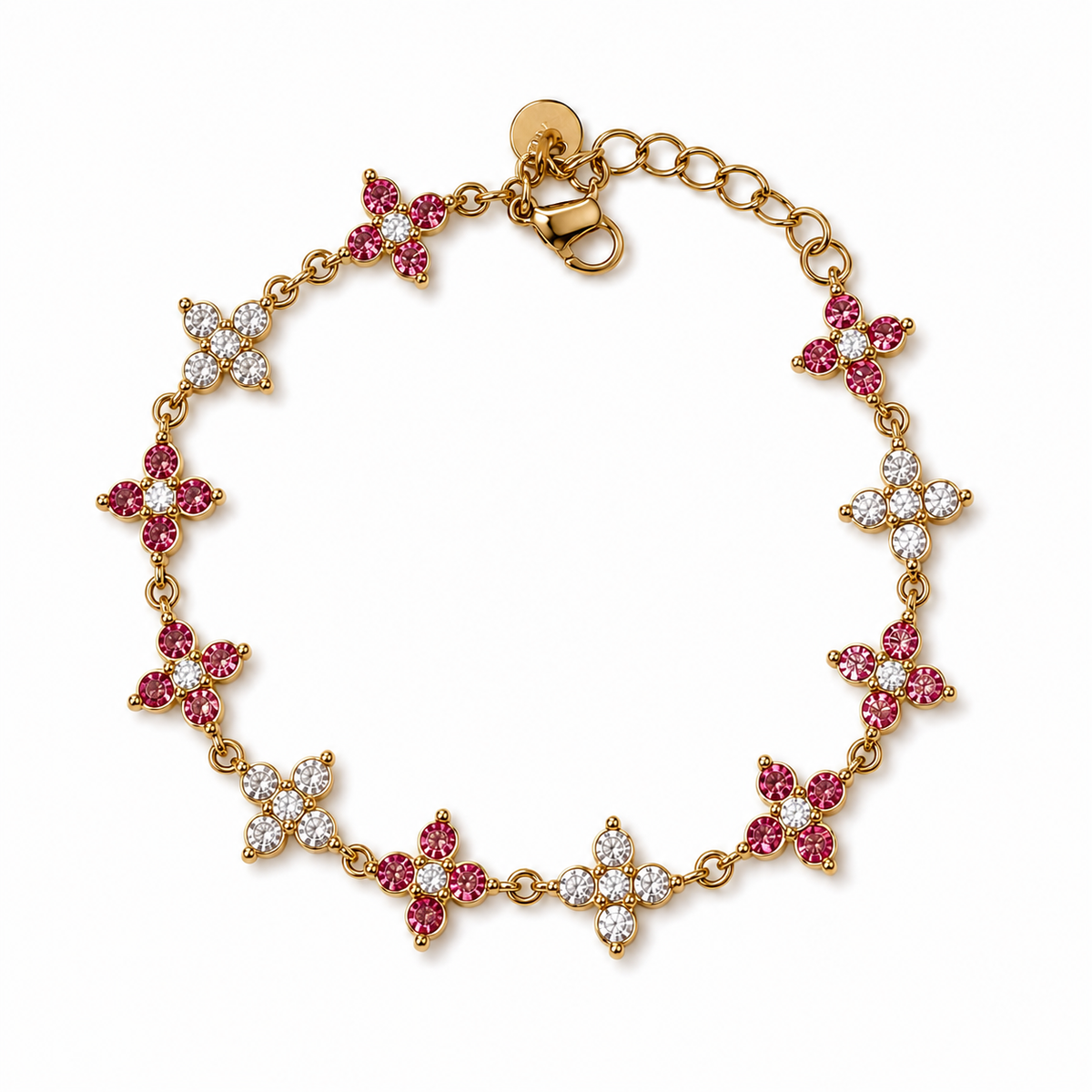 Bracelet Séfora doré avec pierres roses et transparentes sur fond blanc