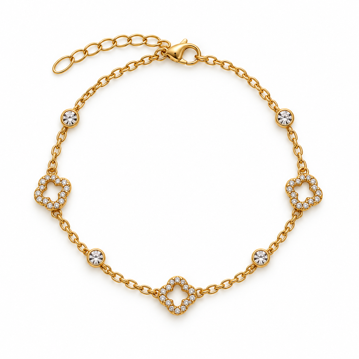 Bracelet Ziya doré avec trois trèfles sertis et pierres rondes – photo catalogue