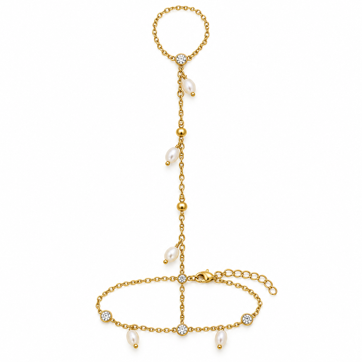 Chaîne de main Lady dorée avec perles et pierres transparentes – photo catalogue
